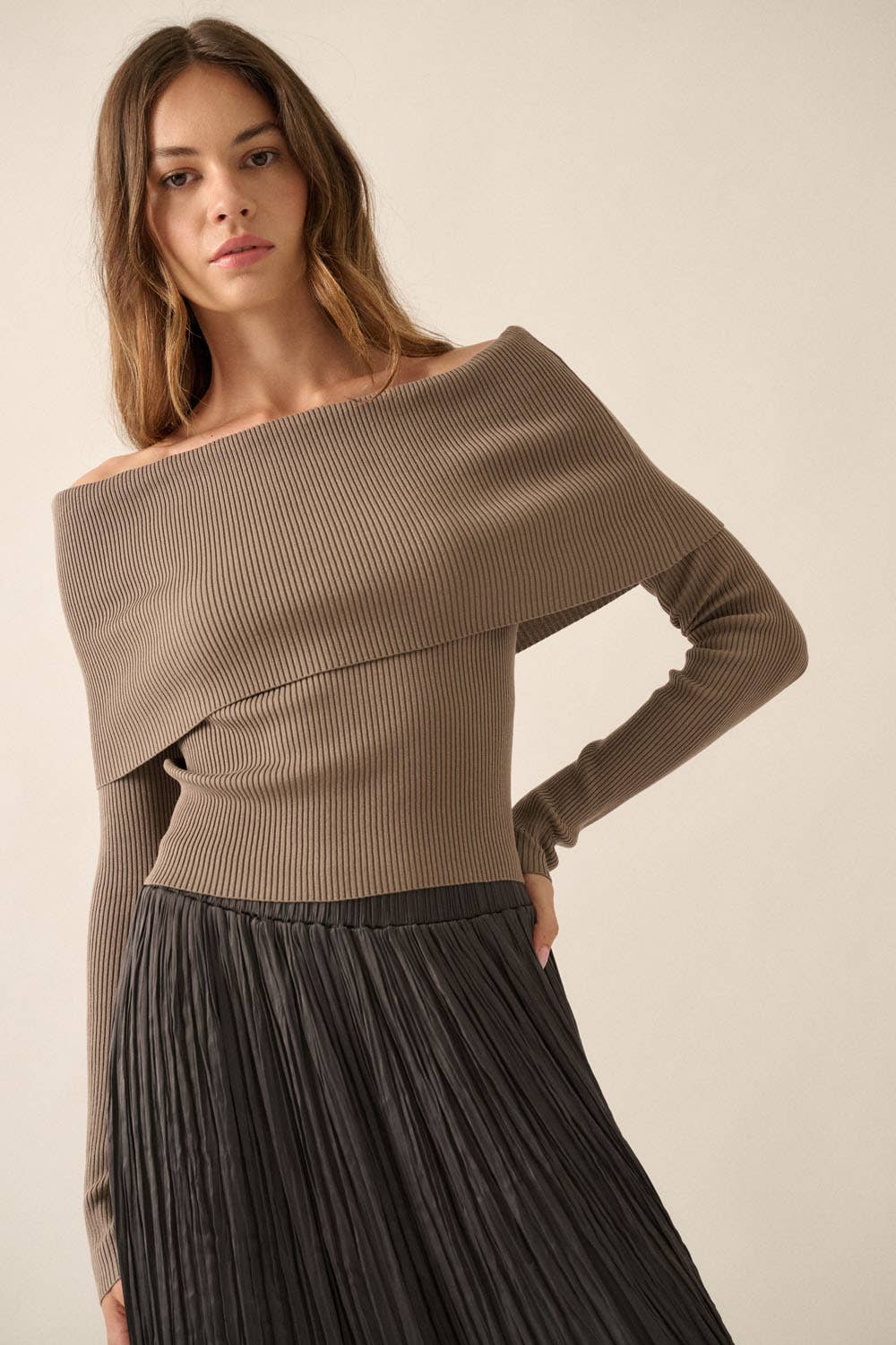 Rib-Knit Off-Shoulder Foldover Top