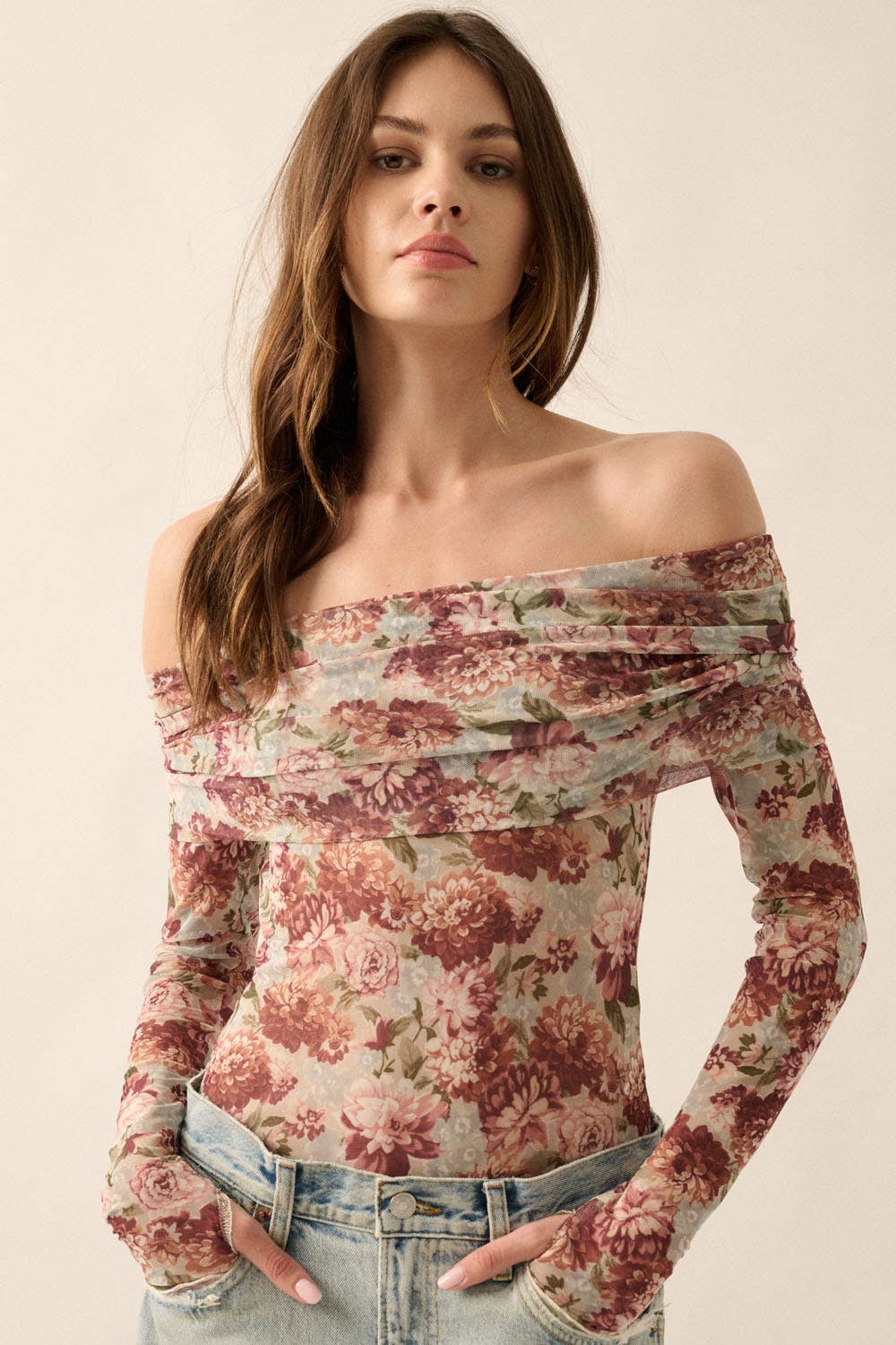 Floral Mesh Off-Shoulder Bodysuit